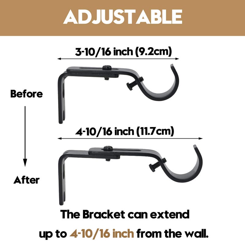AddGrace Adjustable Curtain Rod Bracket Fits up to 1 inch Curtain Rod Sturdy Premium Brackets for Wall Set of 6 Black - Image 3